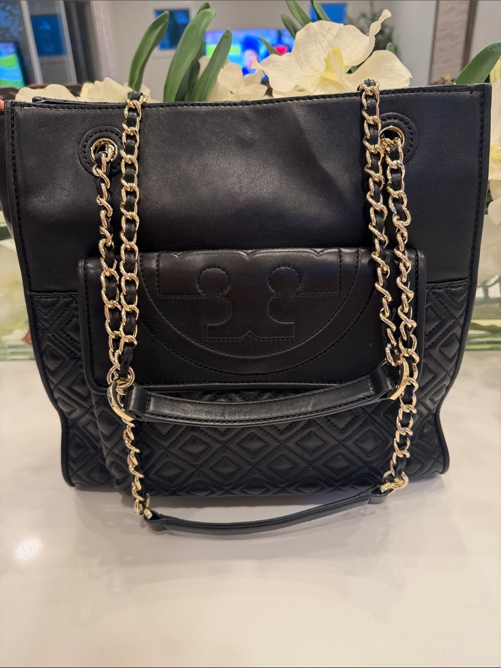 Tory Burch Black Quilted Leather Shoulder Tote with Gold Chain Straps